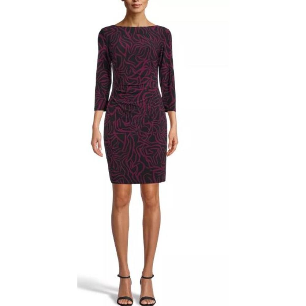 Anne Klein 8 Patricia Sheath Dress Black Purple Geometric Hourglass 3/4 Sleeves